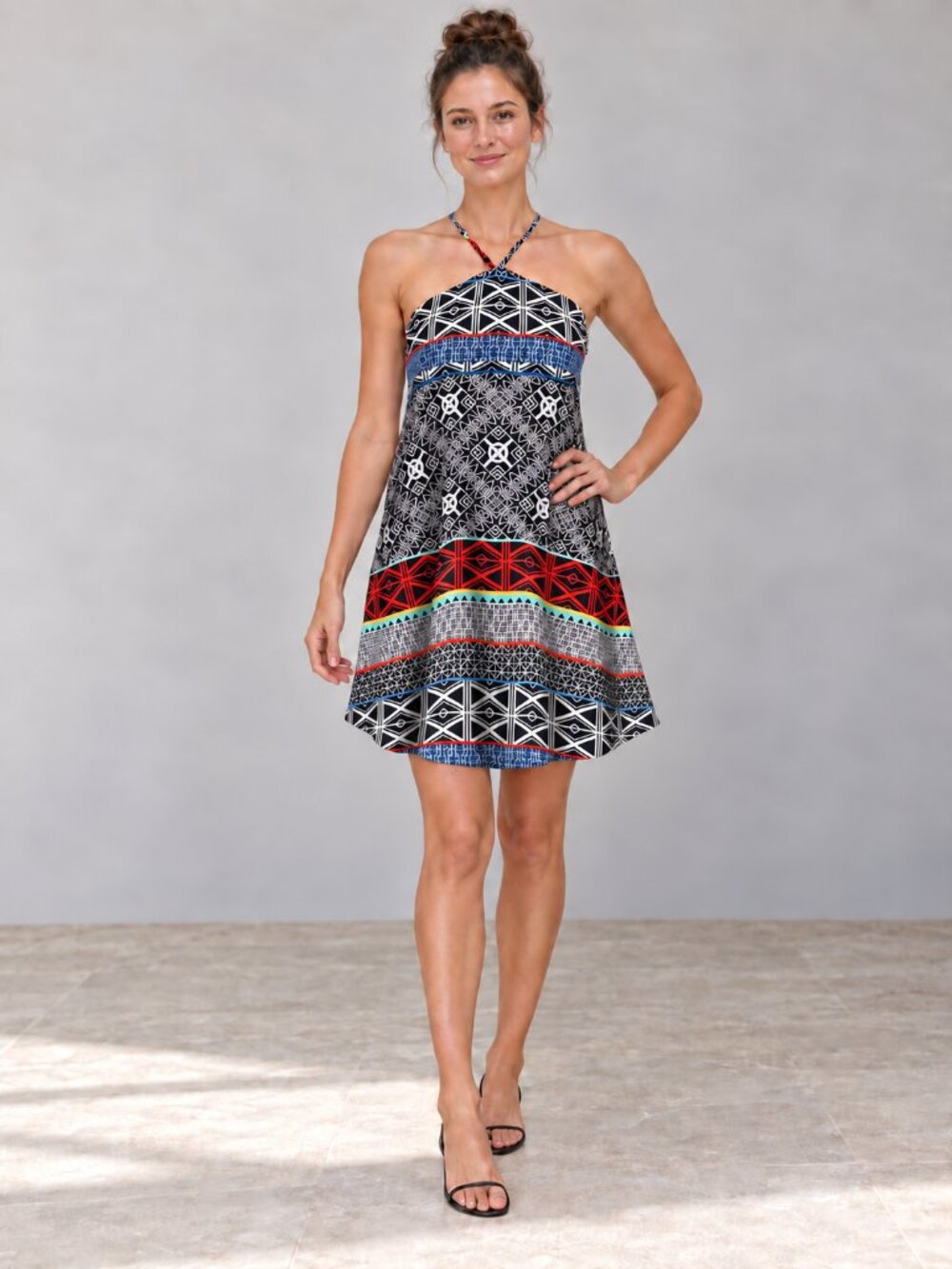 Express XS Geometric Print Strappy Open Back Rayon Swing Dress